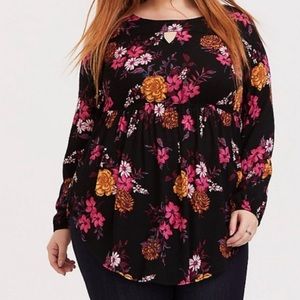 torrid Black Floral Keyhole Babydoll Tunic with Pink & Gold Flowers